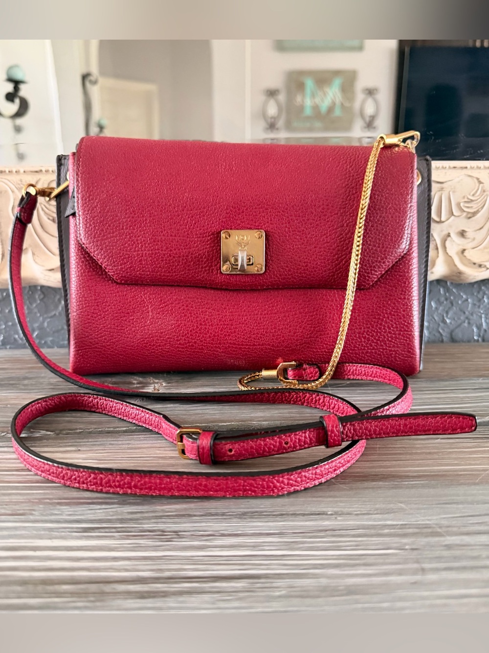 MCM Milla Leather Crossbody Bag /Clutch Two-tone Dark Fuchsia & Grey Side Panels